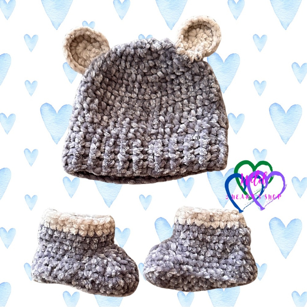 Soft Velvet crochet handmade baby beanie boots set
